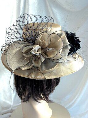 Elegant Gold Organza Wide-Brim Hat With Black Accents